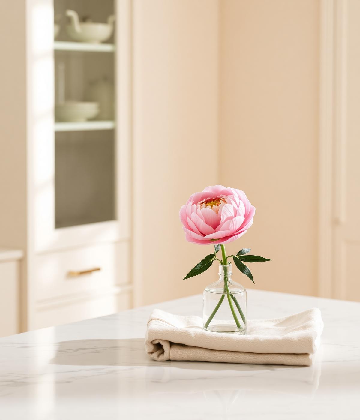 Marble counter with a single peony and folded linen