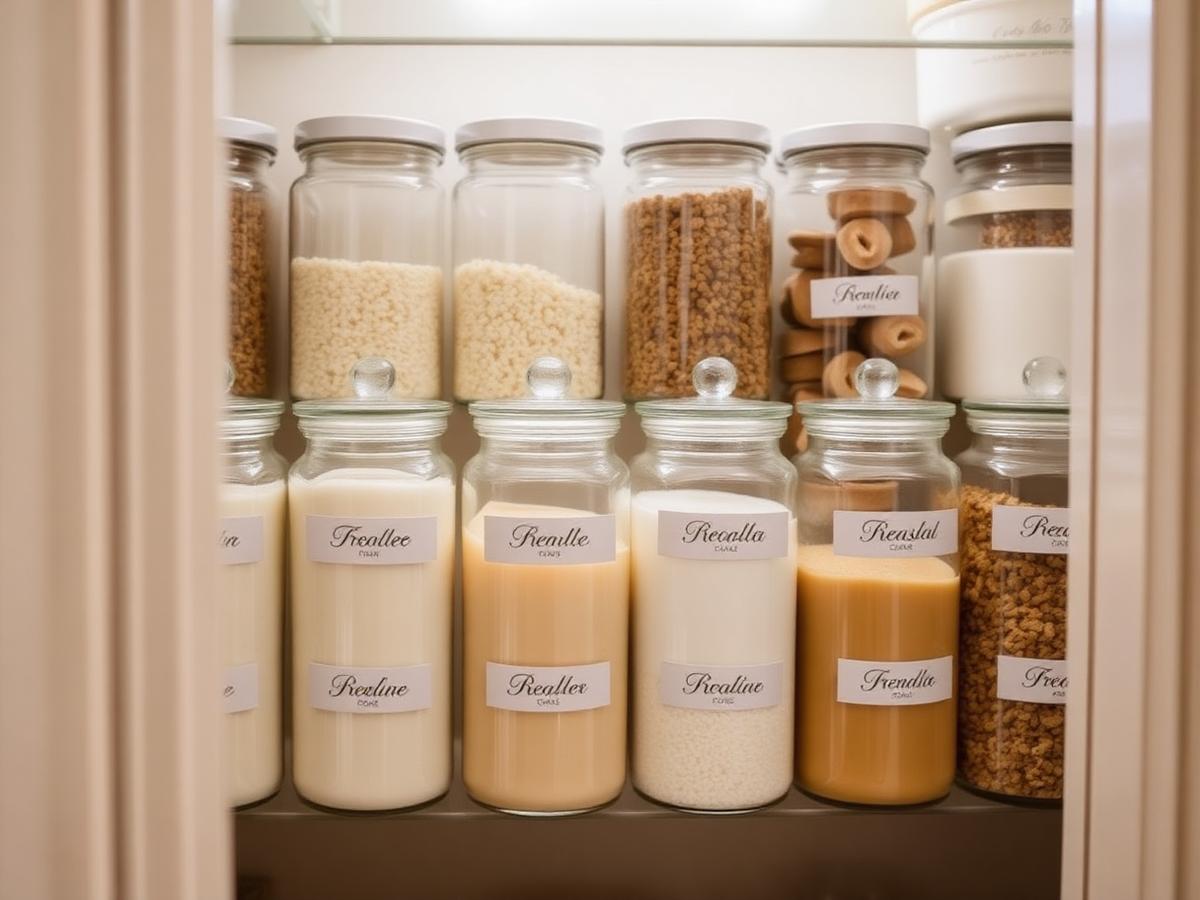Organized pantry with decanted glass jars